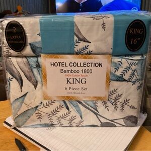 NWT Hotel Collection Bamboo 1800 King Bedding Teal and White 6 pc set 16” pocket